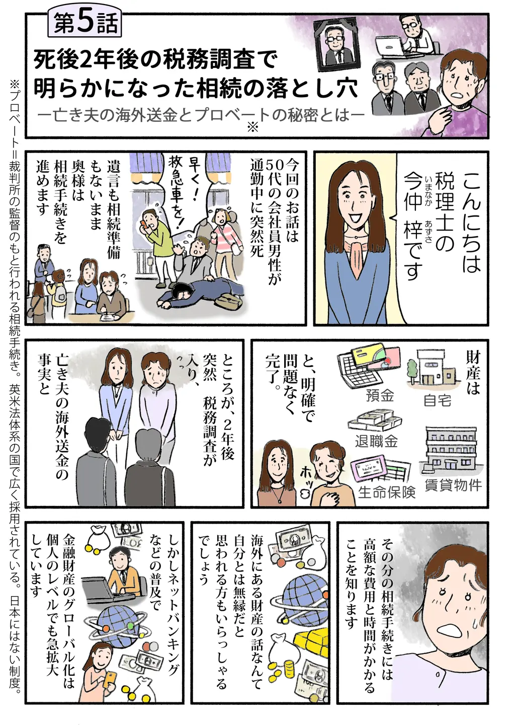 【みんなで顧問】税理士・今仲が登場し、夫の死後に税務署からの突然の連絡を受けた妻みづ江が戸惑う。税務調査の開始と「海外送金」の存在が家族に知らされ、相続手続きが一変する予兆を描く。