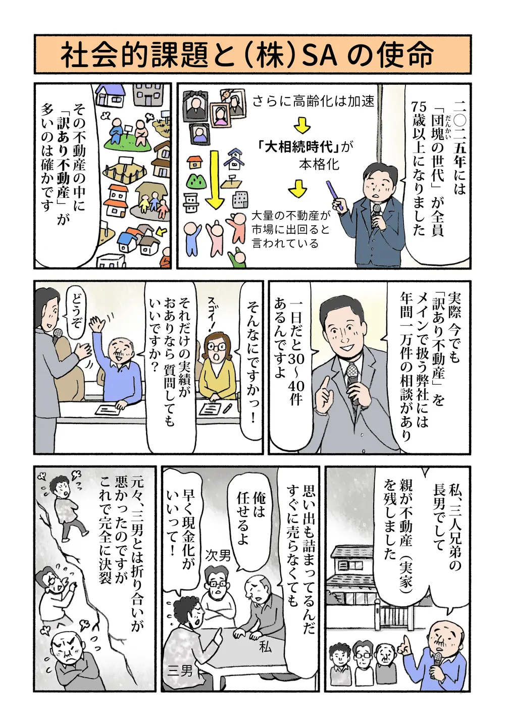 高齢化で大量の不動産が市場に出る“大相続時代”へ。訳あり不動産相談は年1万件規模と説明。