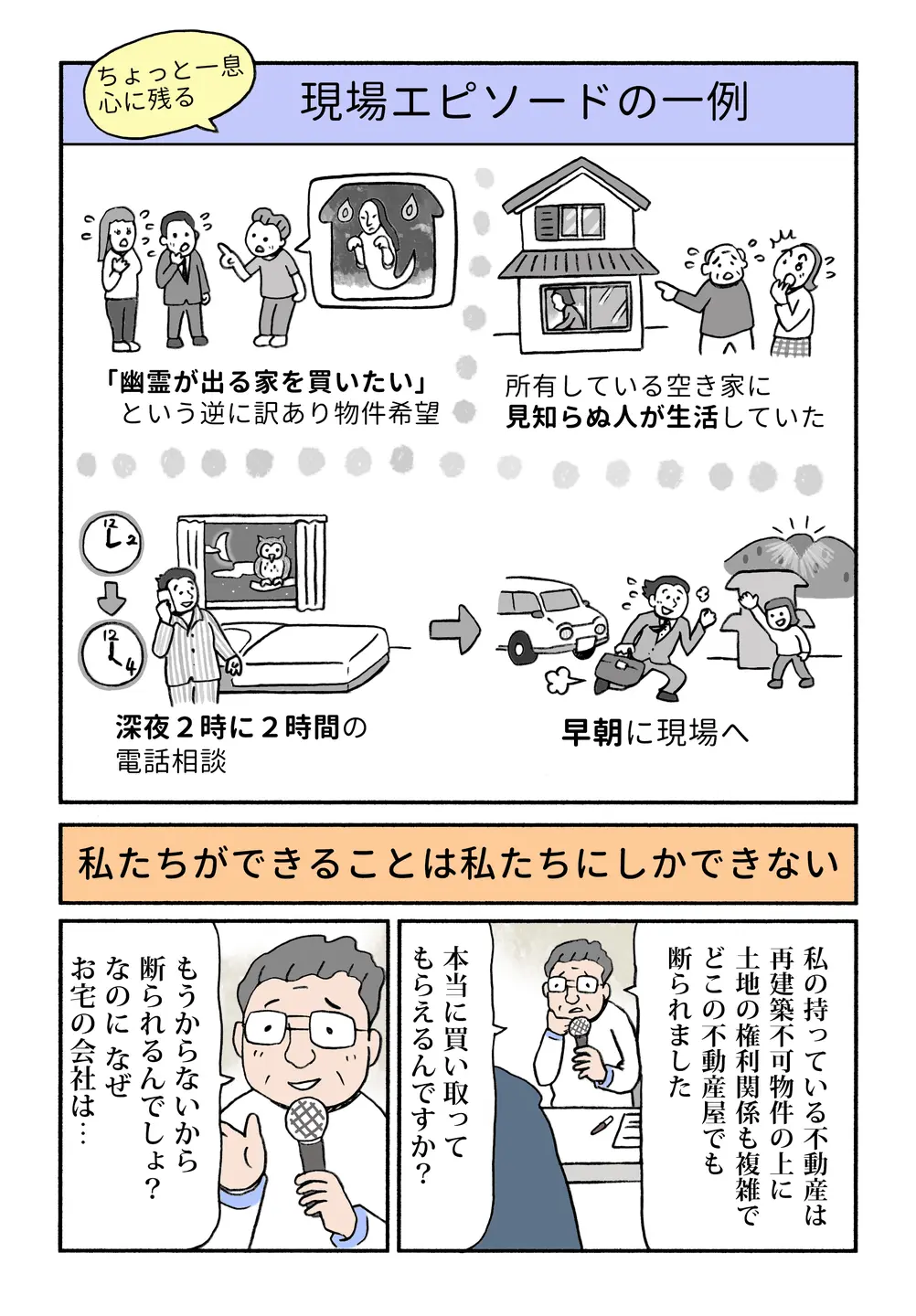 幽霊物件希望や空家に他人が住む等の相談例を紹介。深夜対応や早朝出動など、現場対応力が強みと伝える。