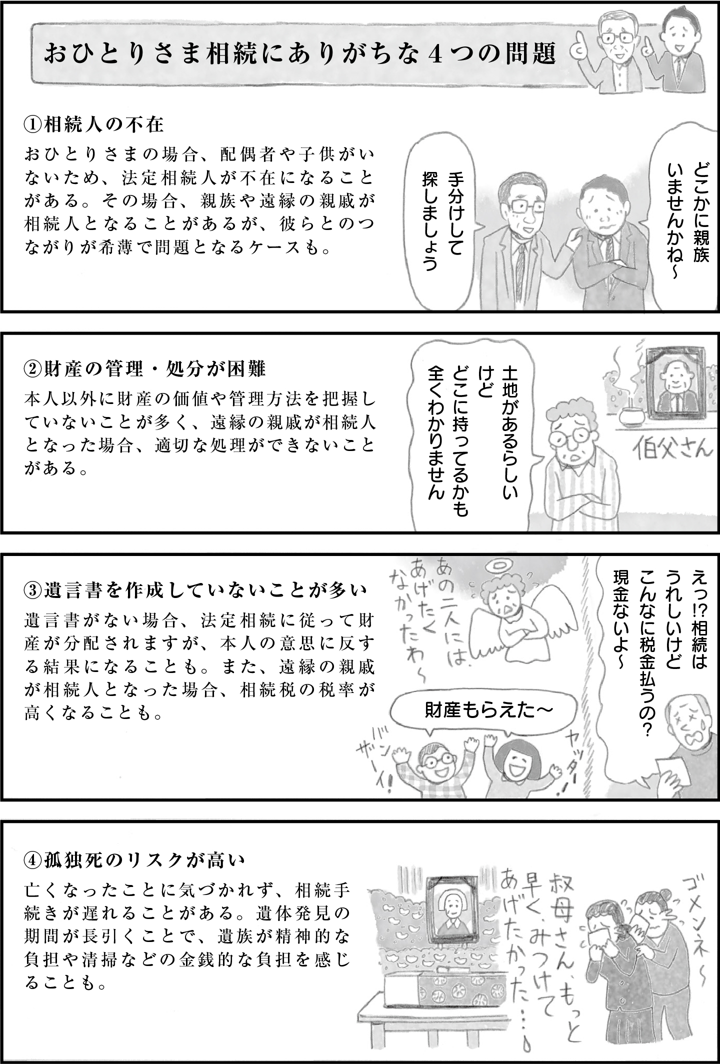 おひとりさま相続にありがちな4つの問題を解説。法定相続人不在、財産管理の難しさ、遺言書未作成、孤独死リスクなど。