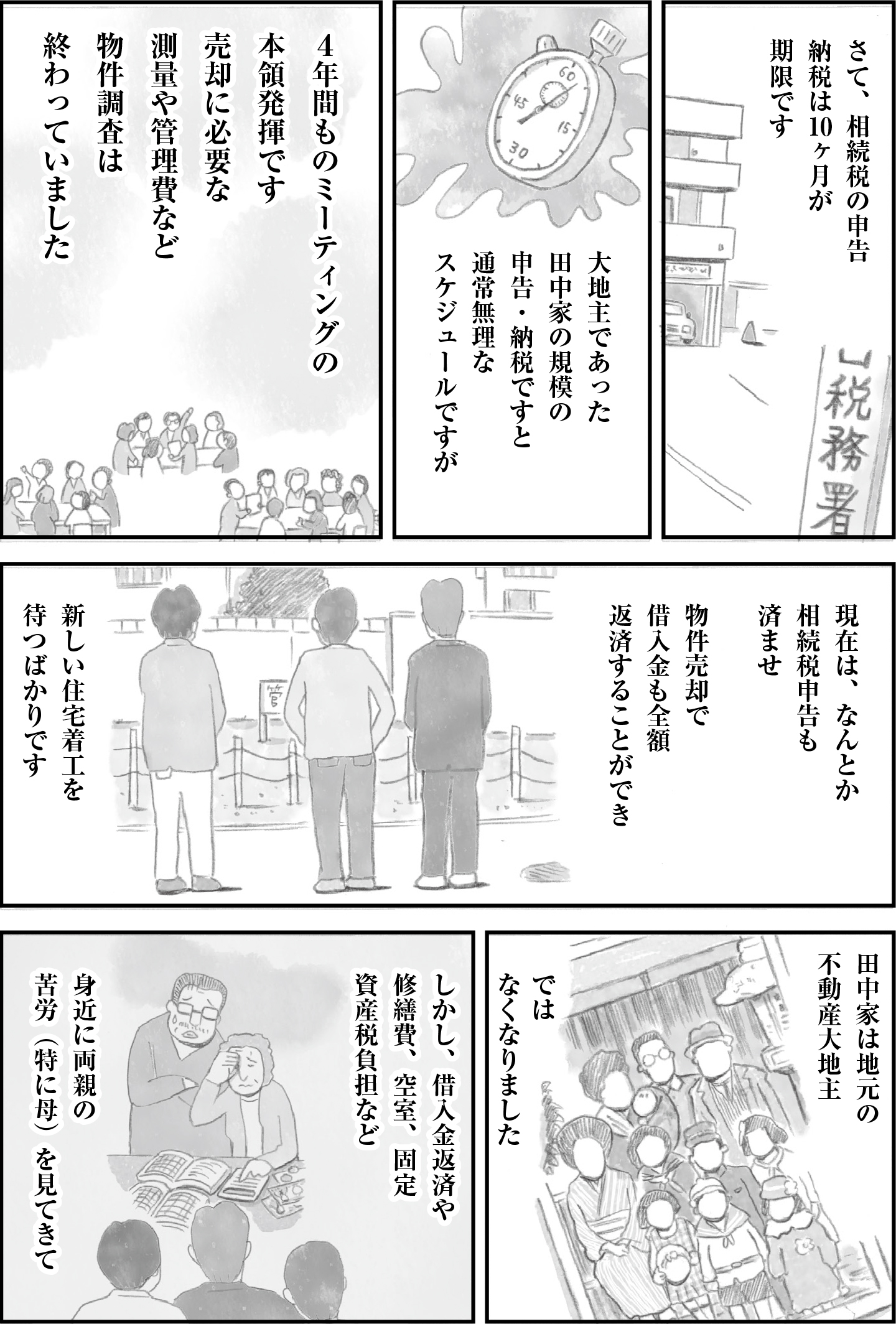 田中家の相続税申告と納税が完了。4年間のミーティングでスケジュールを調整し、物件売却で借入金全額返済。新しい住宅着工を待つ状態です。