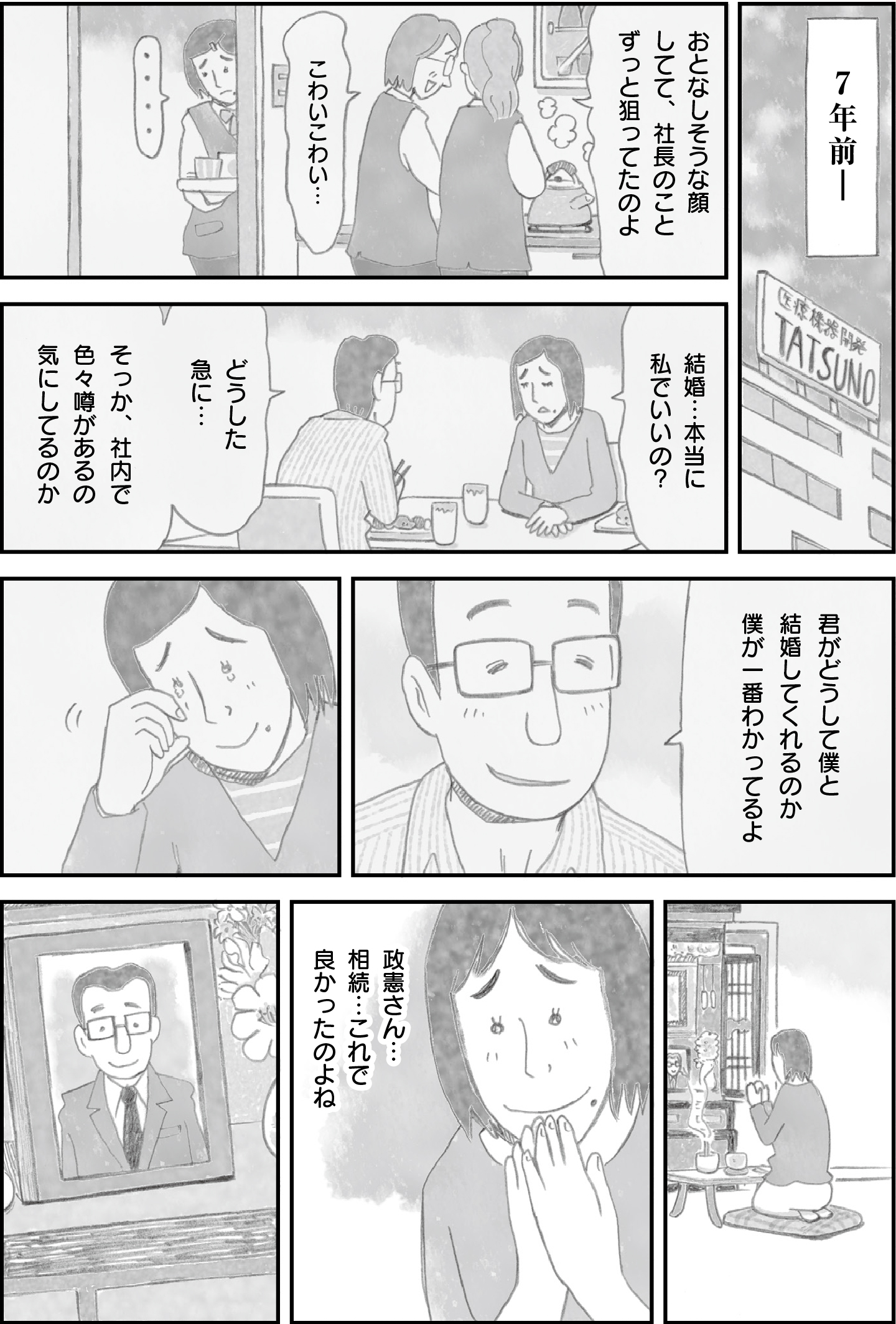 社長と結婚した後妻が社内の噂を気にし、相続について不安を感じていた過去。