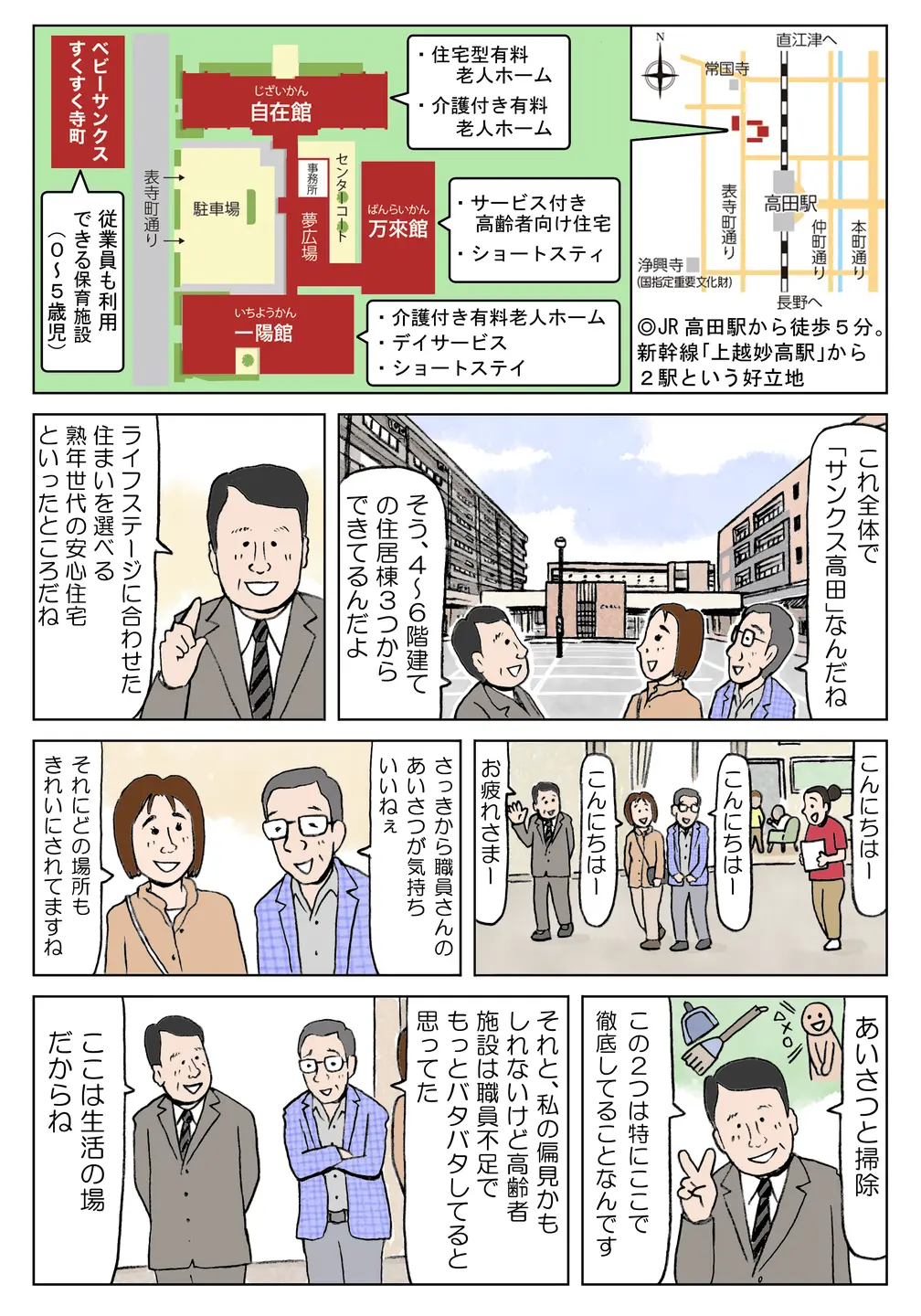 「サンクス高田」の施設概要が説明され、住宅型有料老人ホームや介護付き施設など、各ライフステージに対応可能。