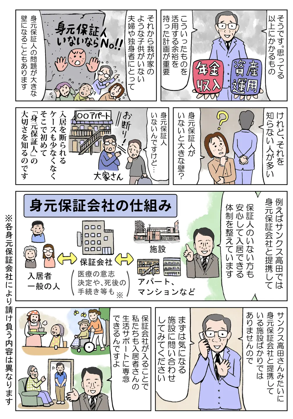 身元保証会社の仕組みが紹介され、保証人がいない方でも入居可能な安心のサポート体制が示される。