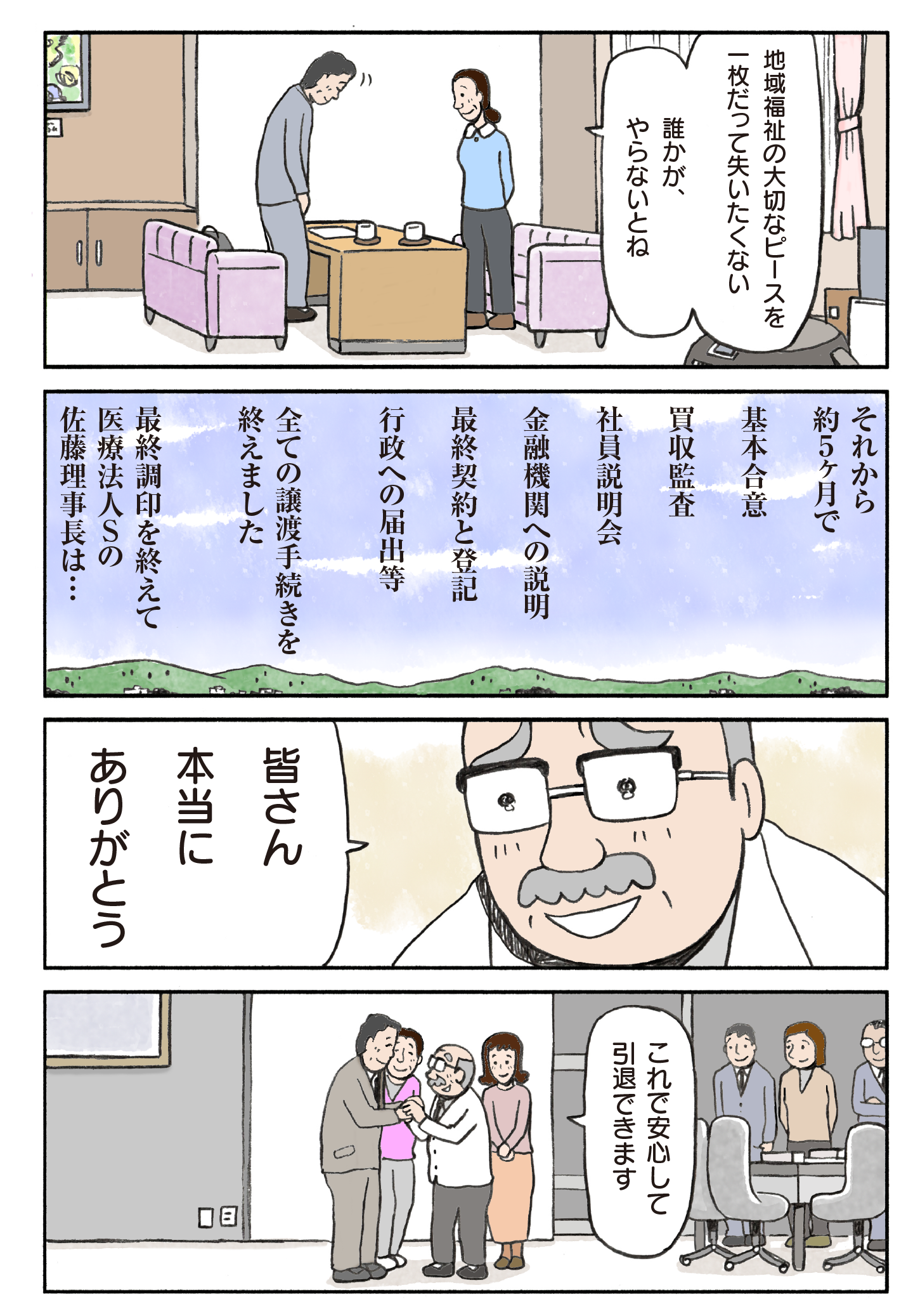 5ヶ月間で医療法人の承継手続きが完了し、理事長が安心して引退を迎える。