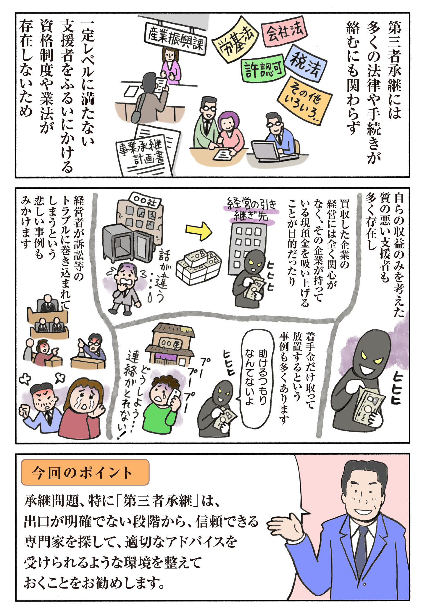 第三者承継には法律や手続きが絡むが、適切な資格制度が存在せず、経営者がトラブルに巻き込まれるケースがある。